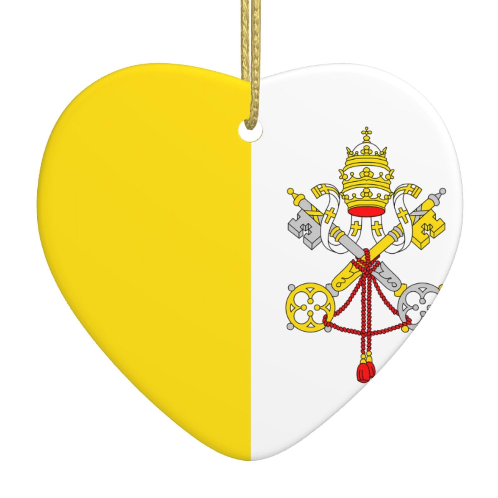 Vatican Flag Ceramic Christmas Heart Pendant with Silk Thread, Christmas Tree Home Decoration