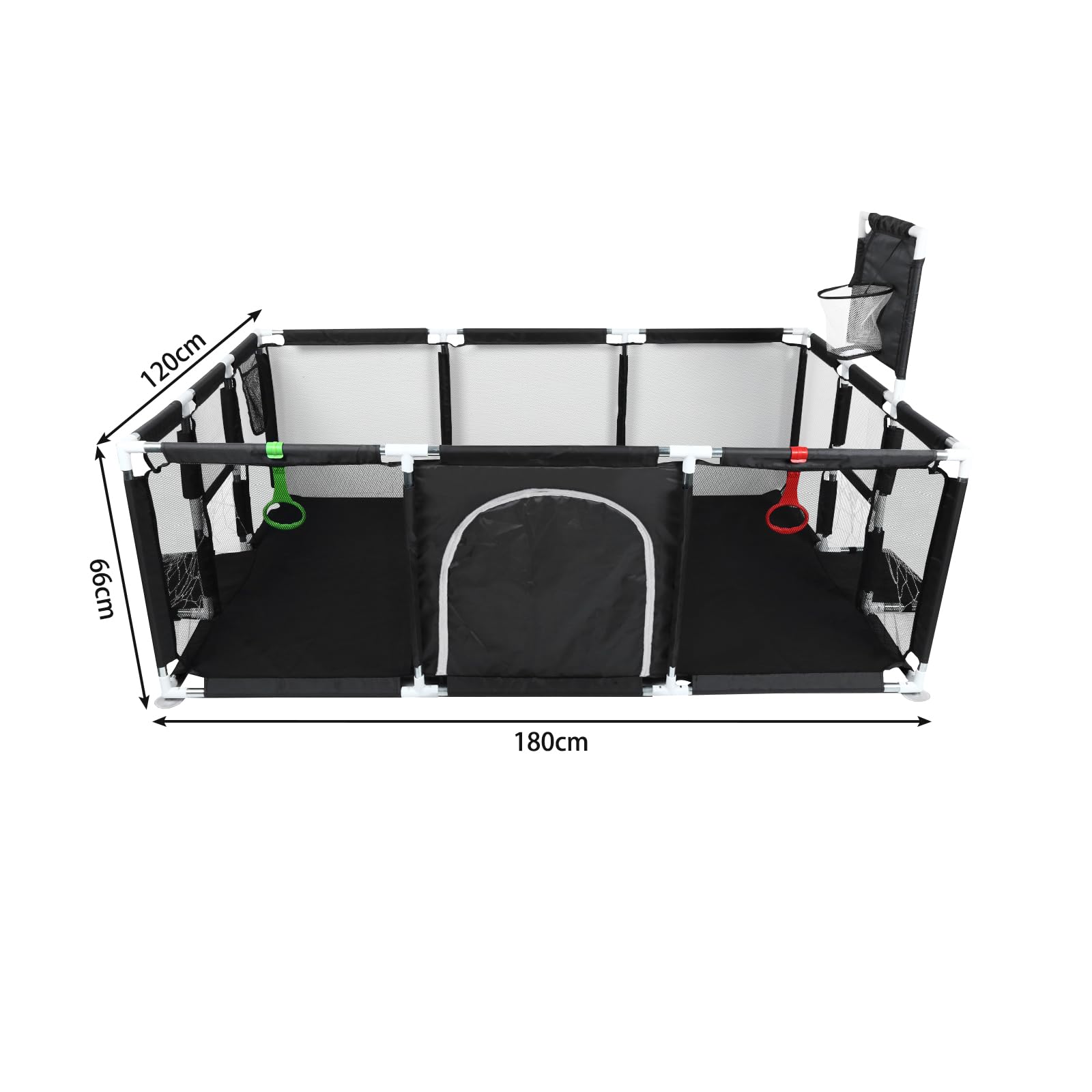 Parc Bebe 180X120X66 cm, 1 ballon de football + 1 ballon de basket + 1 pompe + 2 anneaux de traction + 4 ventouses gris foncé，parc bebe pliable，parc enfant (noir)