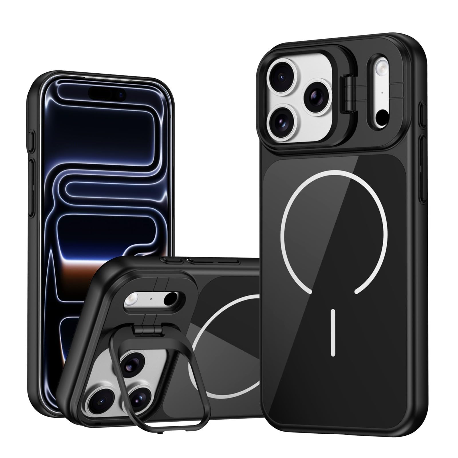 Étui compatible iPhone 17 noir rigide avec support de visionnage intégré