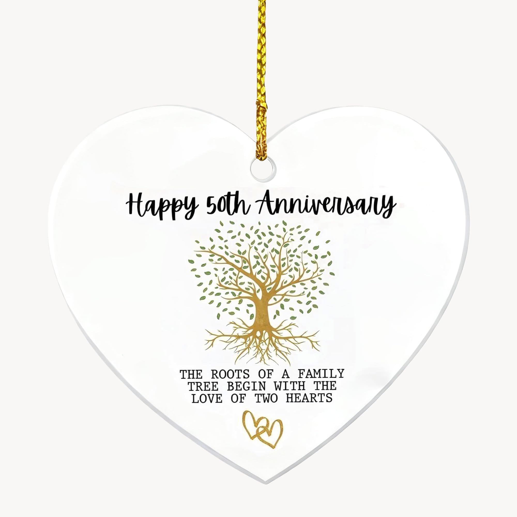 Golden Wedding, 50th Wedding Anniversary Decorations DWUENT Heart Plaque with Family Tree Quote, White & Gold Keepsake for Couples, Parents (7.35cm)