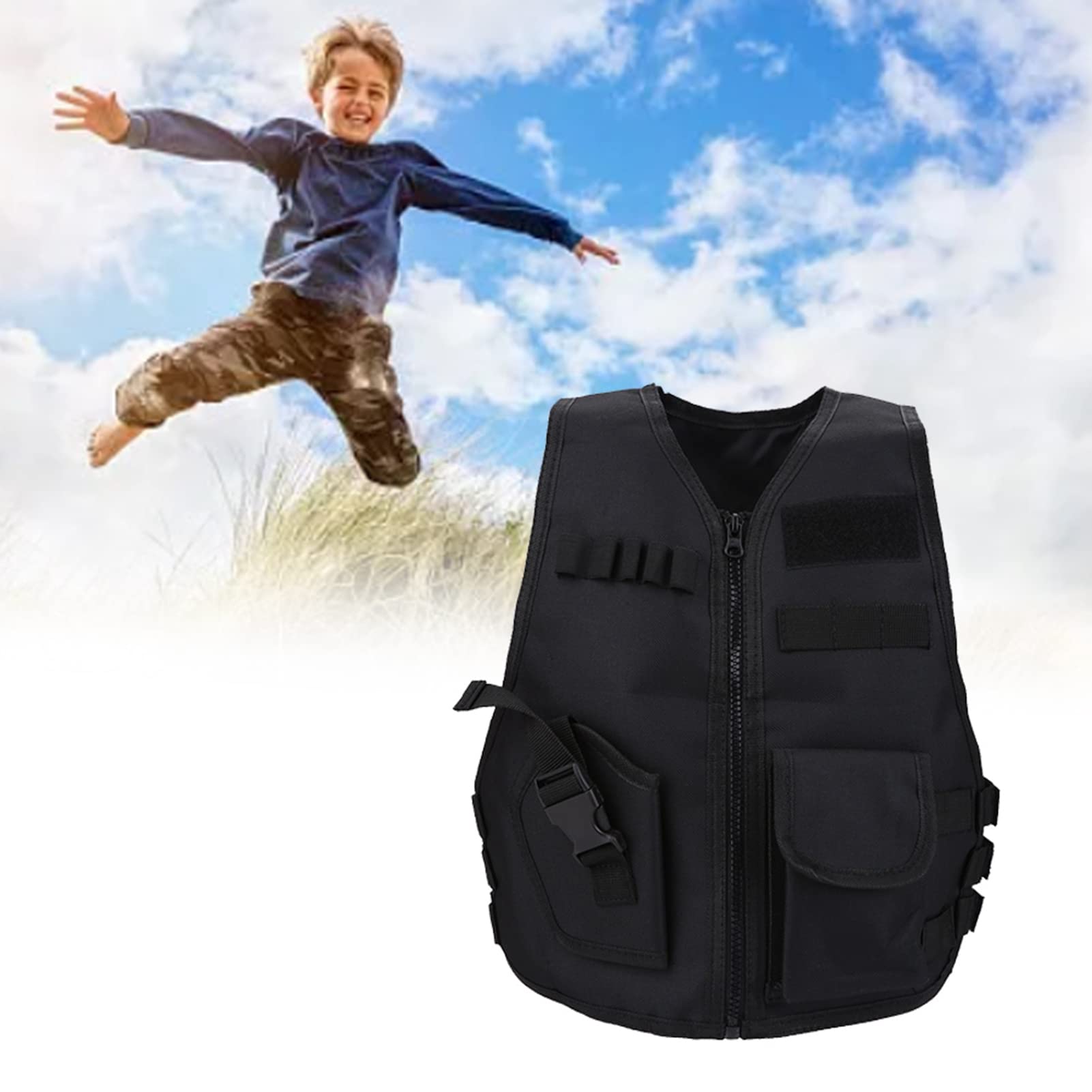 Taktische Weste Kinder Schutzweste Oxford Polizei Weste kinder Verstellbarer Schultergurt VerschleißfestBReißfestfür Outdoor Jagd Kampfspiele Spiele Im Freien Paintball Schwarz