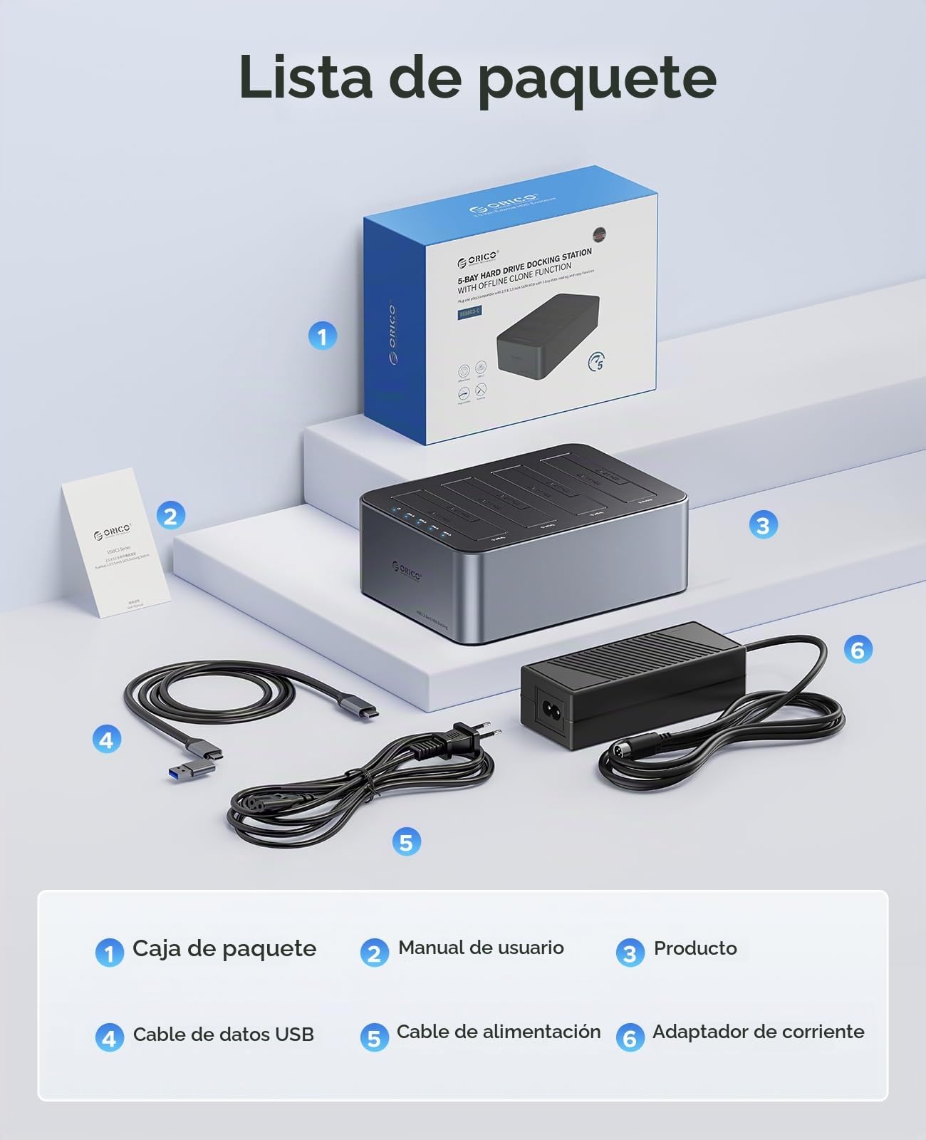 ORICO Base de Carga para Disco Duro de 4 bahías, USB 3.2 Gen 1 para SATA 2,5/3,5 Pulgadas SSD/HDD hasta 4 x 20 TB, clonación Offline, Fuente de alimentación de 12 V/6,5 A (6646C3-C)