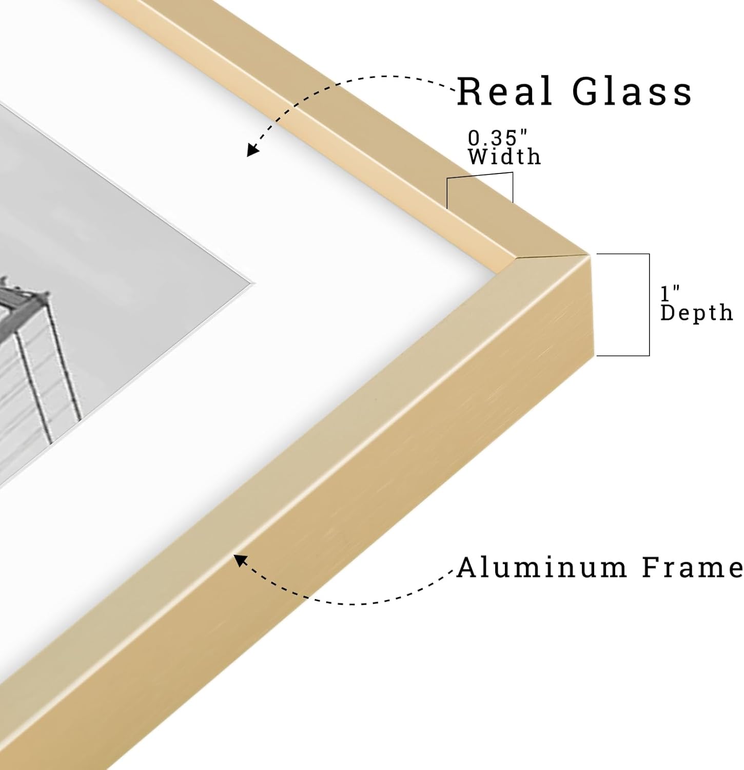 Condition photo showing New/Like New for frametory, 16x20 metal picture frame with mat for 11x14 picture & real glass, aluminum photo frame collection (gold, 1 pack) 16x20 (1 pack) gold