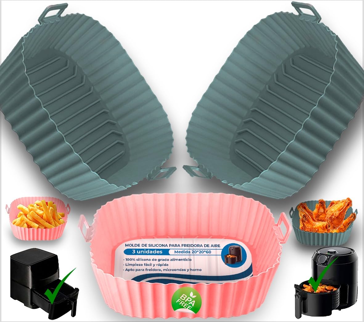 Reusable Silicone Air Fryer Mould 5-8L Set 3 Pieces 21 cm – Silicone Air Fryer Molds, Air Fryer Container, Air Fryer Accessories, Tray for Airfyer, Molds for Airfryer
