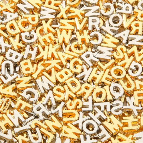 CYEENUT 450 cuentas de letras acrílicas doradas y plateadas, cuentas grandes de plástico para manualidades, pulseras, collares, aretes, joyería (dorado y plateado)