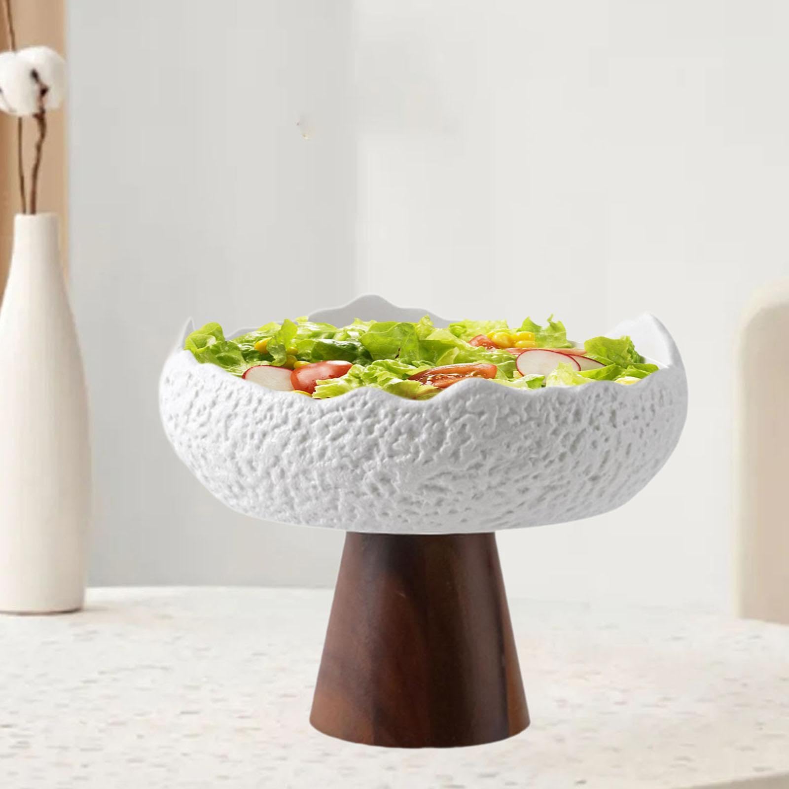 Colcolo Placa de Ensalada de cerámica Plato Aperitivo Irregular Elegante Elegante servición Japonesa tazón Base de Madera para la Cocina de Restaurante, Blanco