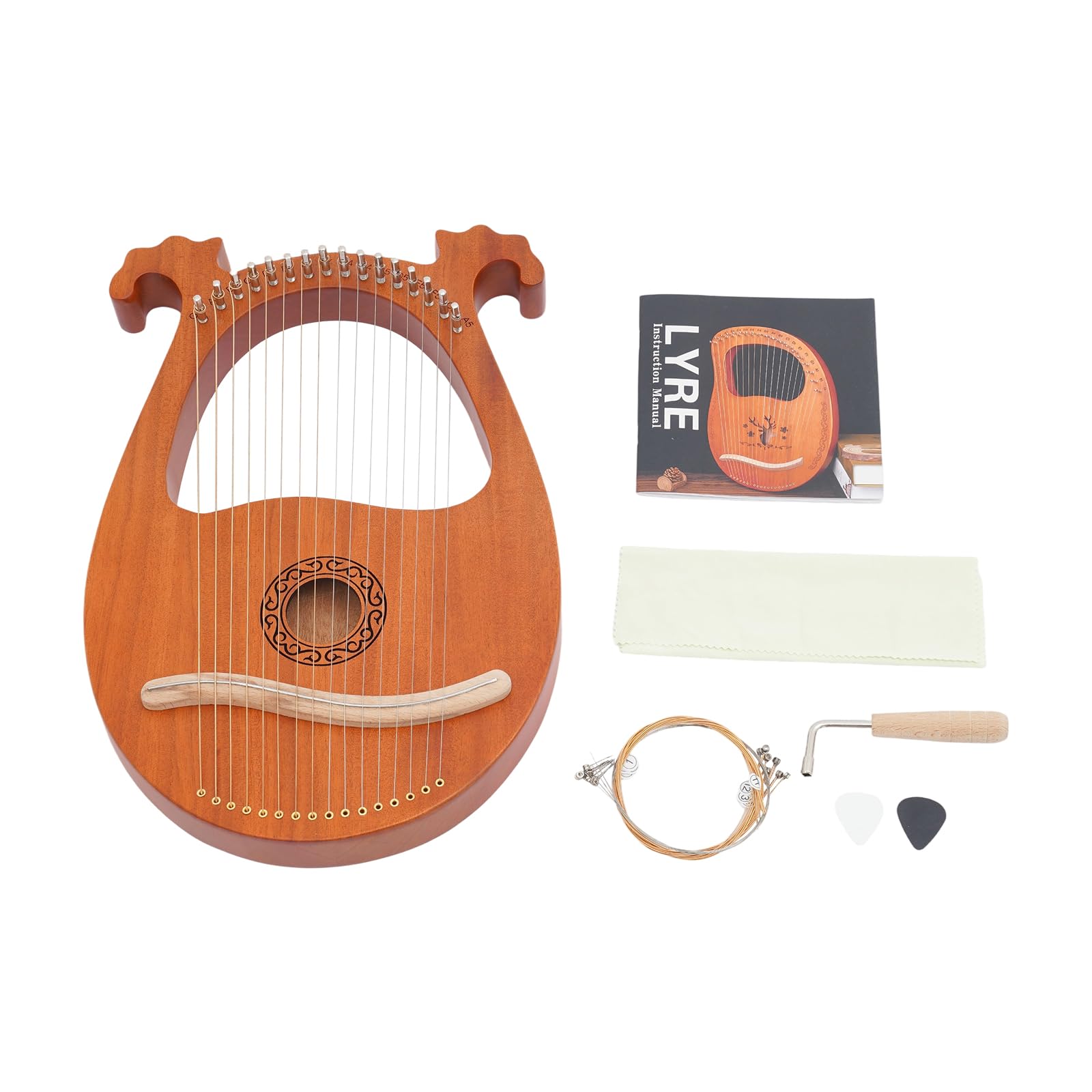 Harfe, Massives Mahagoni Saiteninstrument Instrument, Tragbare 16 Saiten Lyre Harfe, Vintage Instrument Lyra Harfe Mahagoni 16 Stahlsaiten Stimmschlüssel Pickup Set (Europäisch gemusterte Holzfarbe)