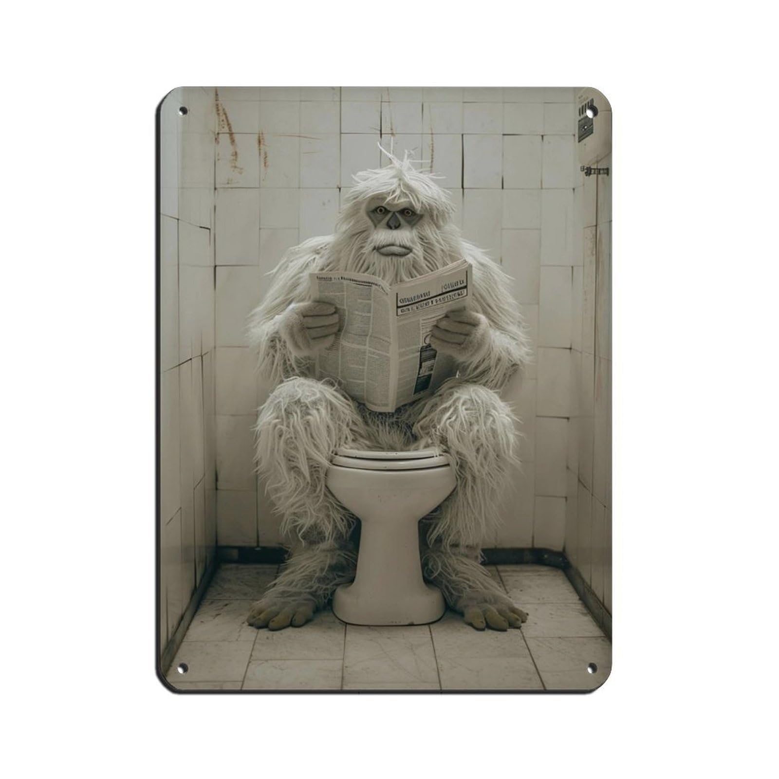 Yeti Sitting on The Toilet Reading A Newspaper (5) Tin Sign Vintage Metal Pub Club Cafe Bar Home Wall Art Decoration Poster Retro 12x16inch(30x40cm)