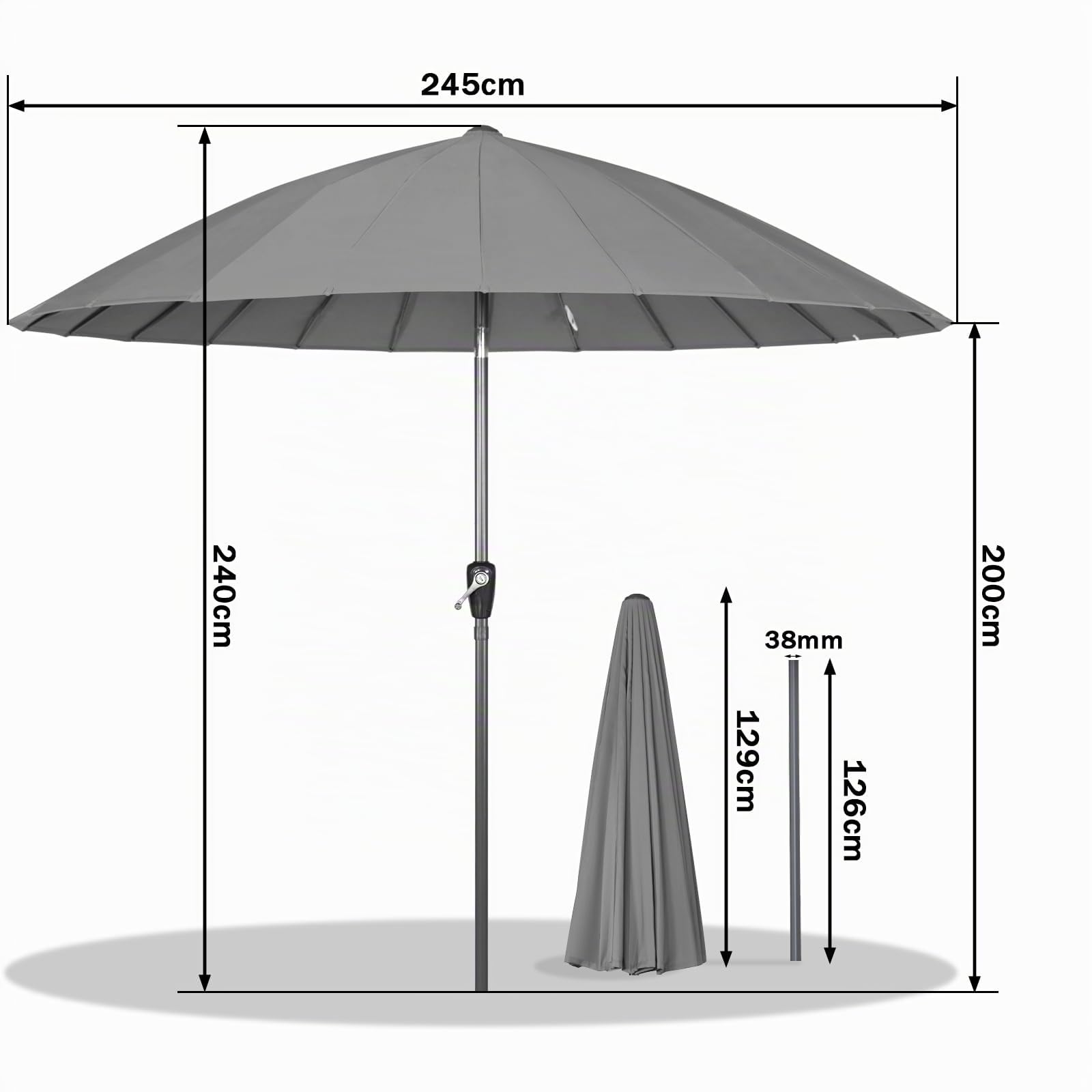 Angel Living Parasol de Jardin Extérieur avec 24 Baleines en Fibre de Verre, 250cm Parasol Inclinable en Aluminium avec Manivelle, Toile Résistante, pour Balcon Terrasse Patio
