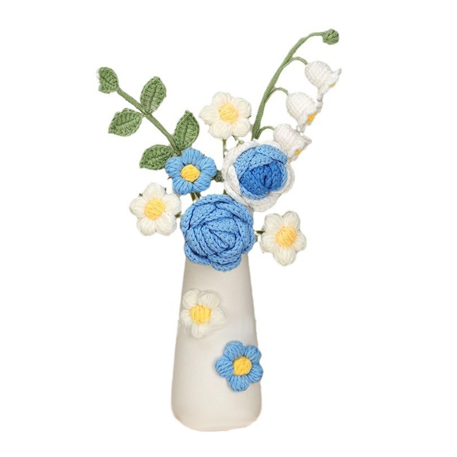 BEIJIALY Handmade Knitted Crochet Flower Bouquet, Handmade Knitted Flower Table Decor, Knitted Flower Bouquet Floral Arrangements, Knitted Desk Decorations(Blue)