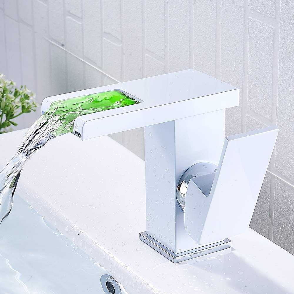 Luces LED Grifo de Baño Temperatura de Color Cascada Lavabo Grifo de Baño Mezclador monomando Agua Fría y Caliente Disponible Grifo de Lavabo Blanco