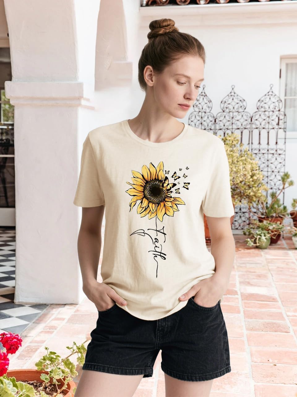 Sunflower Shirts for Women Faith Graphic Tees Short Sleeve Loose Fit Butterfly Teen Girls T Shirt Summer Tops - Image 4