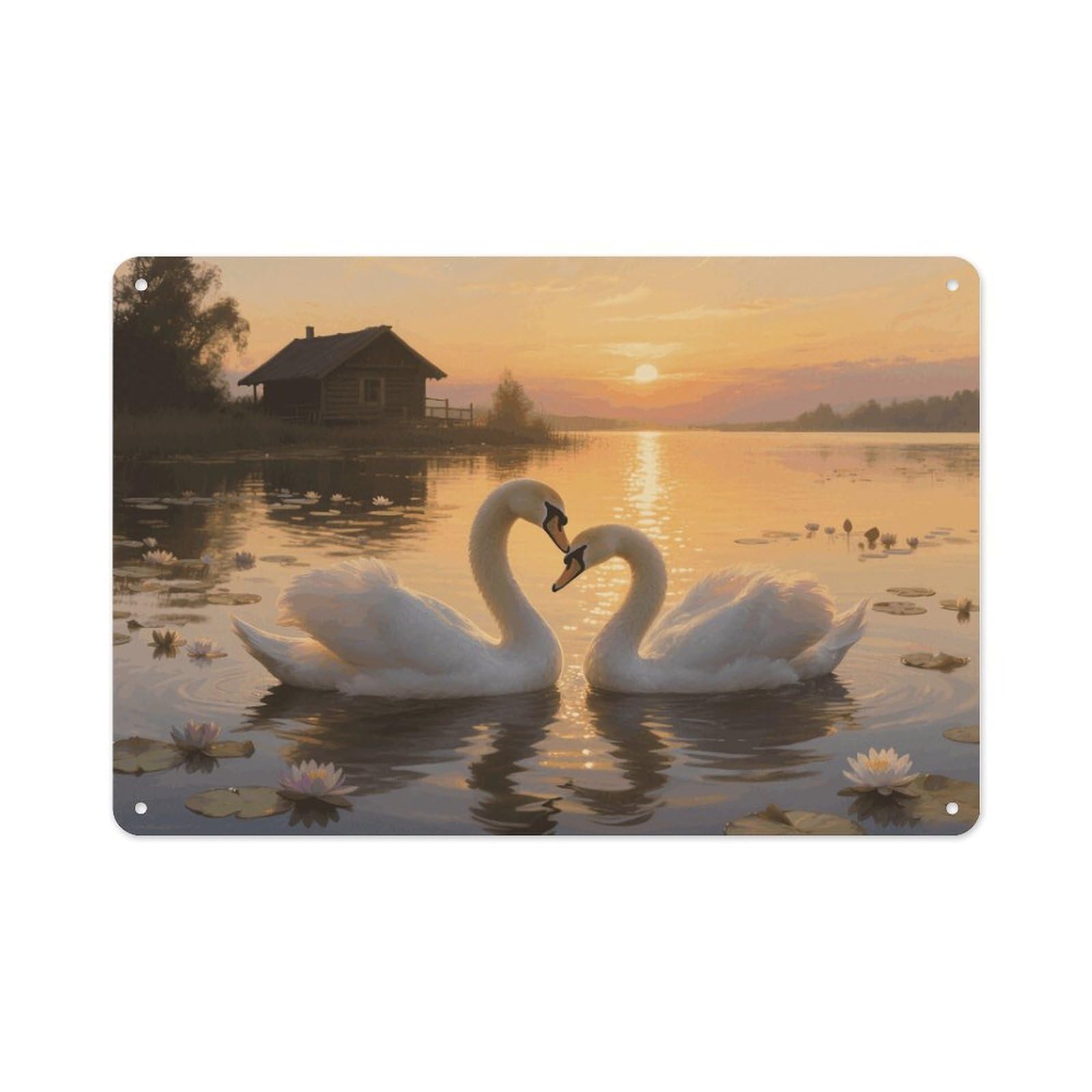 VstaDank Sunset Couple Swans Lake Wall Art Prints Metal Sign Decor Painting Aluminum Wall Hanging Decor Vintage Poster Sublimation Picture Panel Weatherproof Art Decorative Wall Decors