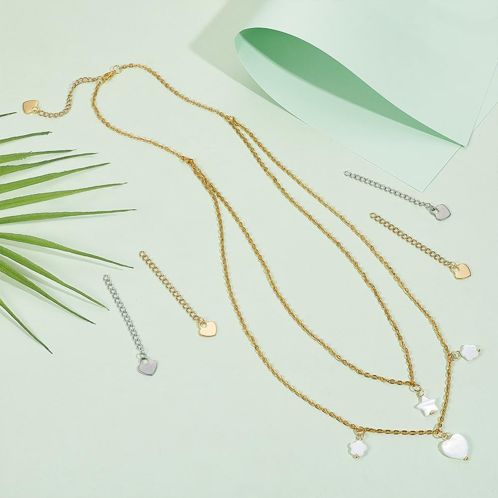 UNICRAFTALE 40Pcs 2 Colors Stainless Steel Curb Chain Extension End Chains with Heart Charms Chain Tabs Necklace Bracelet Extension Chain Anklet Extenders for DIY Jewelry Making 59~65mm - Image 2