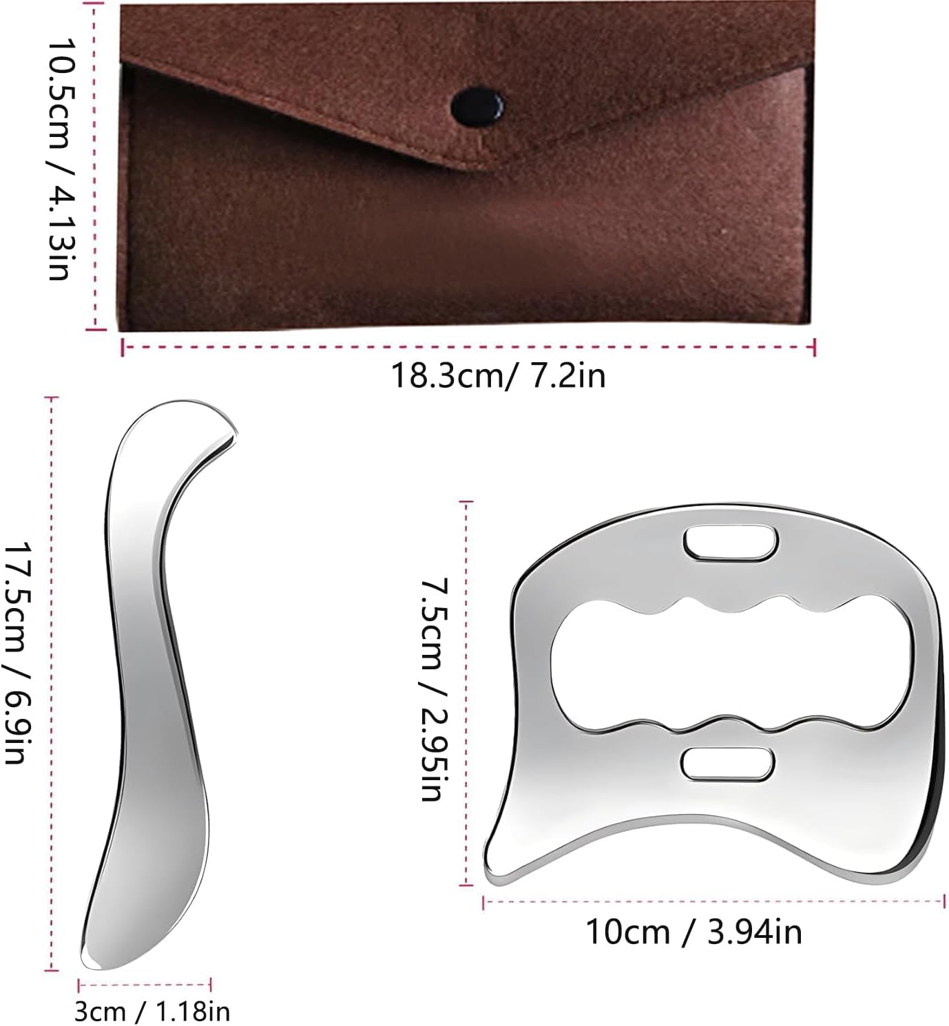 2 x Guasha Stainless Steel Scraper Massage Tool, Muscular Fascia Scraper, Body Guasha Tools, Scraping Massage Tools for Muscle Relaxation, Improve Fascia Knots (with Storage Bag) image 3