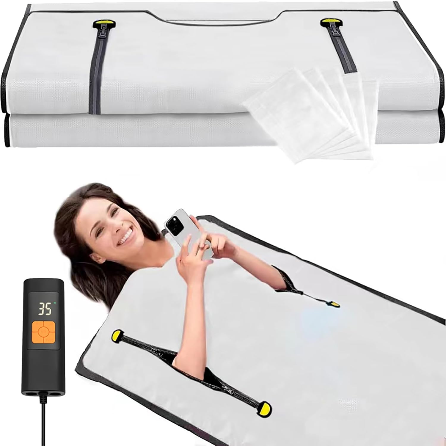 Infrared Sauna Blanket, Upgraded Blanket for Detox, Home Sauna with Remote, Including 5 Pieces Plastic Sheeting for Body Wrap (Silvery)