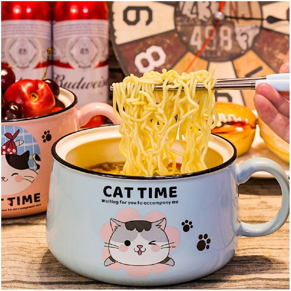 lachineuse - Ciotola per Ramen giapponese con coperchio - Ciotola per gatti Kawaii - Ciotola per spaghetti istantanei e colazione - Con posate - Idea regalo anime Giappone - Ciotola cinese per bambini