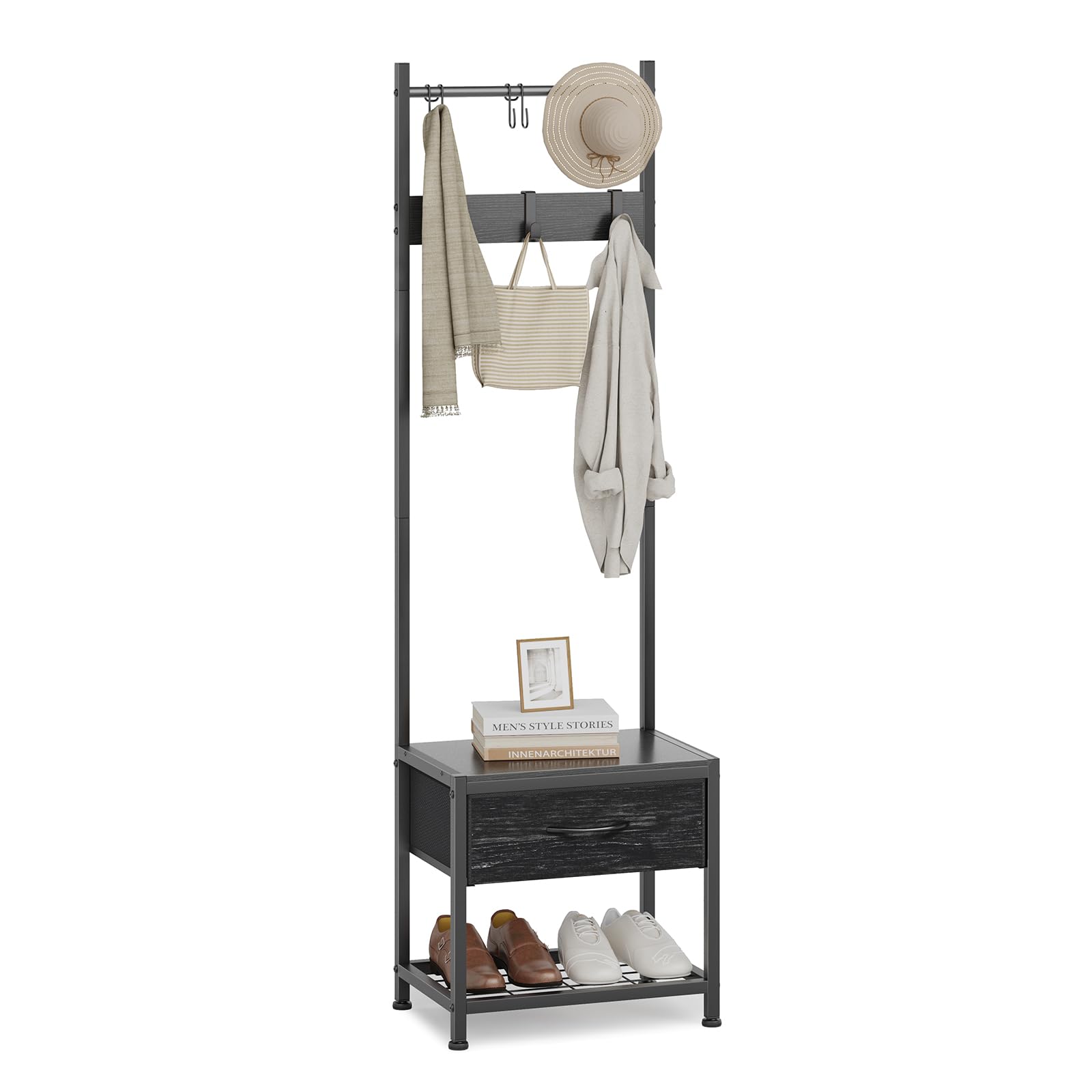 Leader Accessories Garderobenständer mit Bank Metallgarderoben rustikal Kleiderständer 182x30x84cm (HxTxB) Schwarz/Braun