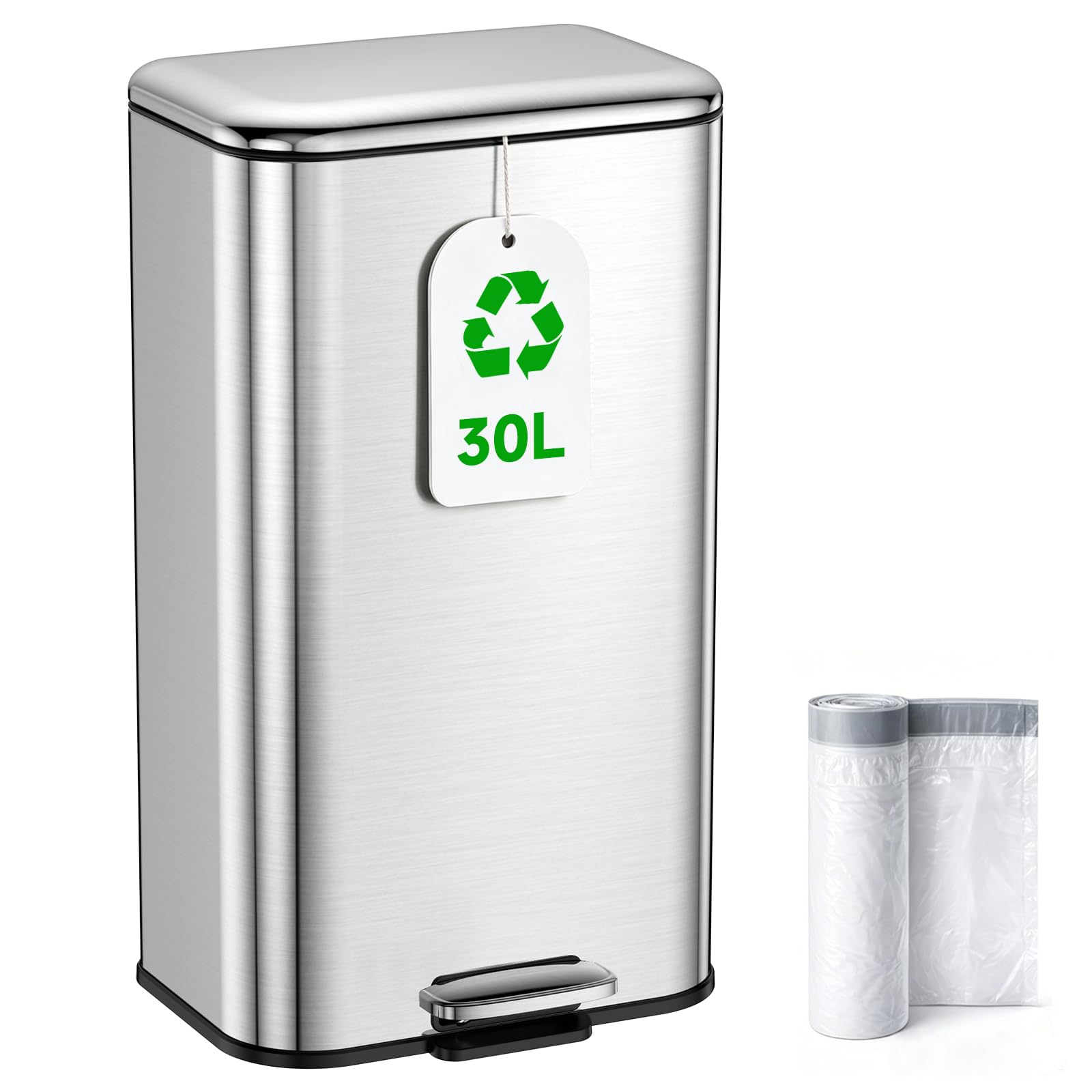 Kitchen Bin 30L, Pedal Bin, 8 Gallon Stainless Steel SoftโClose Rubbish bin