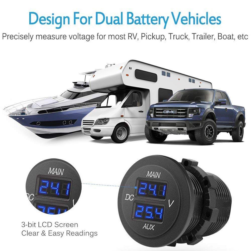LED Digital Double Voltmeter, DC 12-24V Dual Voltage Meter, Round Panel Voltmeter Voltage Monitor, Car Digital Voltmeter Car Voltage Gauge for Car Pickup RV Truck Dual Battery Pack - Blue