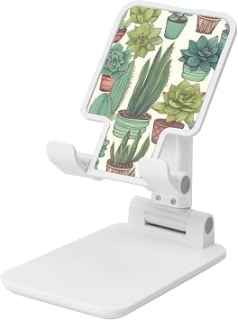 Folding Cell Phone Stand for Desk - Height Adjustable Cell Phone Holder Portable Cellphone Cradle for Office Cactus Succulents Phone Stand Desktop Tablet Stand/ipad Stand, White