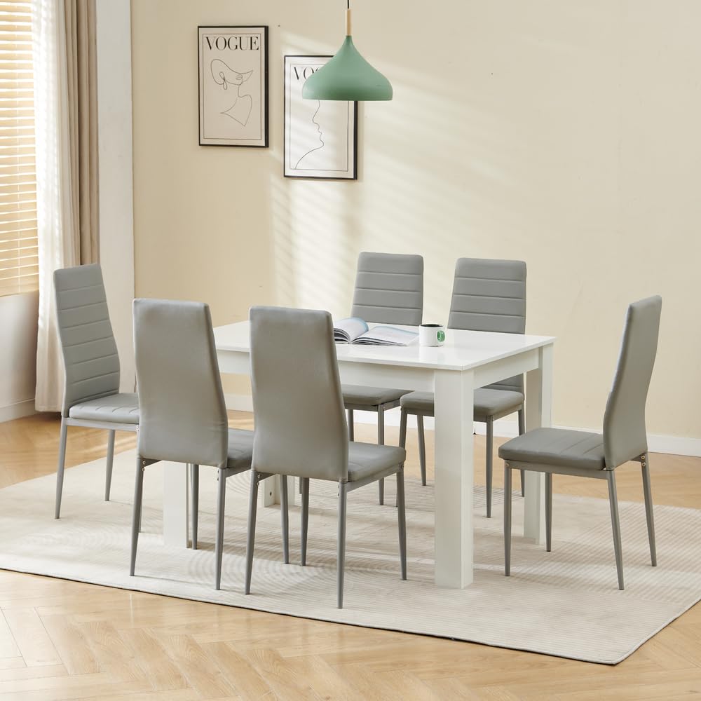 Menaka Wood Dining Table and Chairs Set of 6, Small Rectangular Kitchen Dinner Table with 6 Seaters (Line Grey Leather Chairs, 120m high gloss white table, 6 seaters)