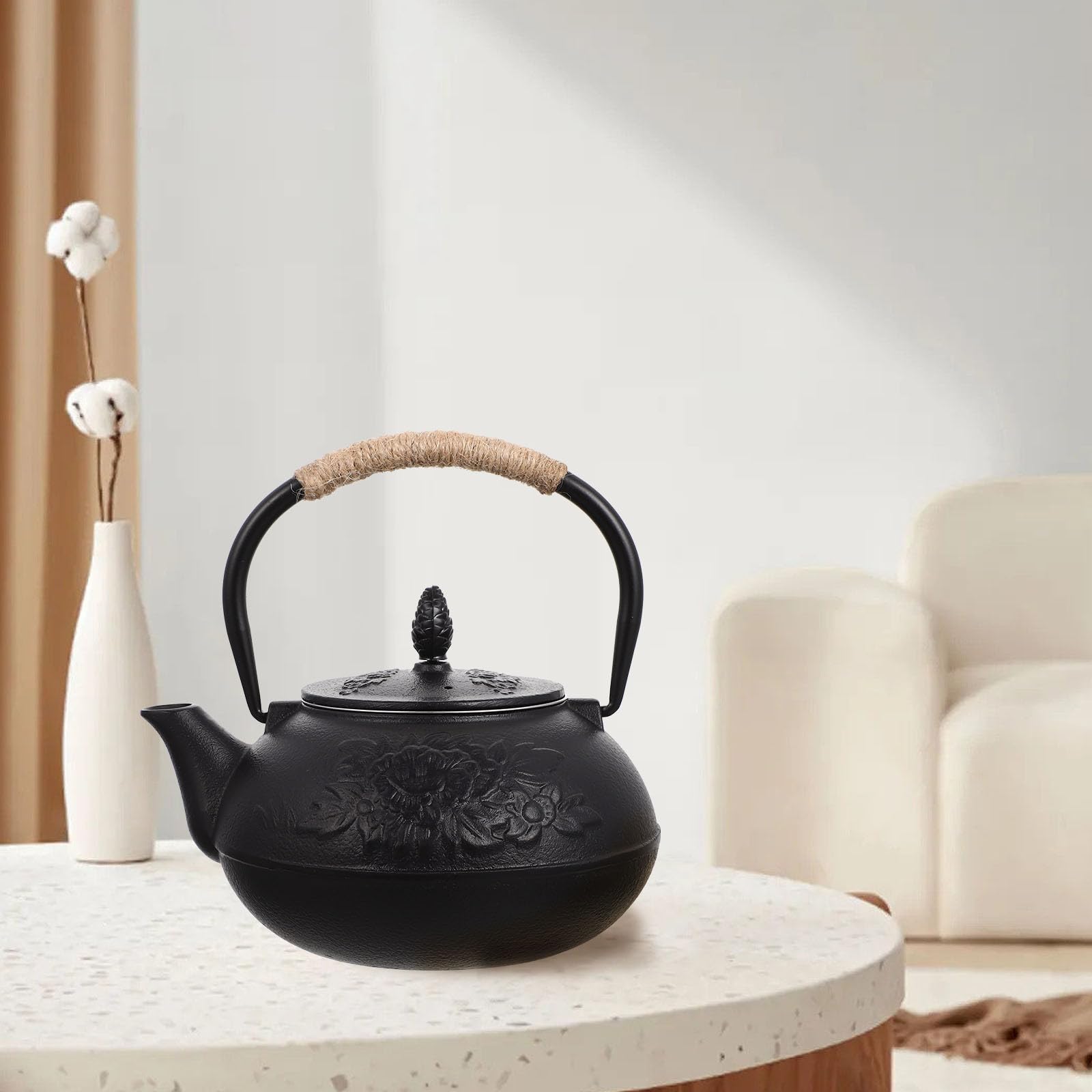 Operitacx Tetera de Hierro Fundido de 900ml Tapa para Hervir Agua, Diseño Elegante y Excelente Acabado, Adecuado para Preparar Té y Café en Casa