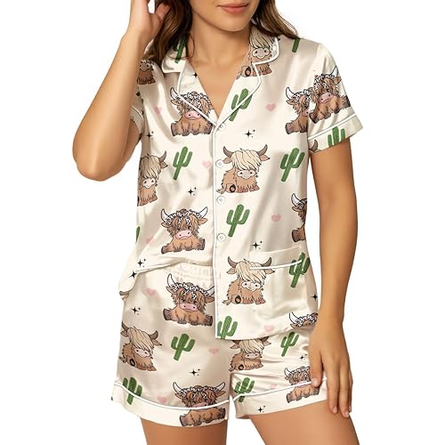 Women’s Silk Satin Pajama Set, Short Sleeve Button Down 2 Piece PJs with Shorts, Cozy Loungewear & Matching Holiday Pajamas - Highland - X-Large