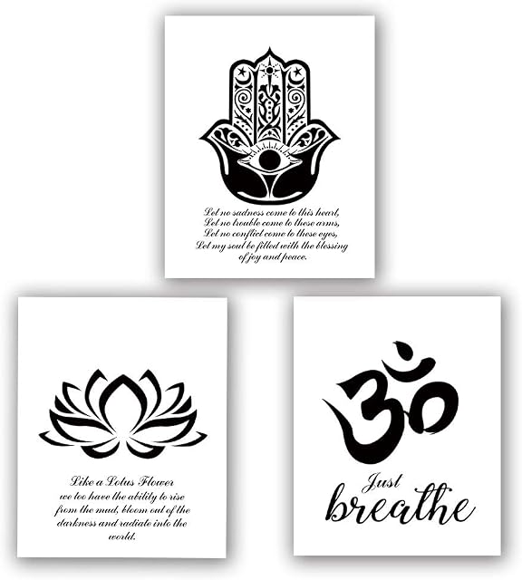 HPNIUB Yoga Art Prints Set of 3 (8X10Lotus Flower Prints, Om Symbol Print, Inspirational Zen Wall Art, Black and White Art Mehndi Yoga Artwork, No Frame