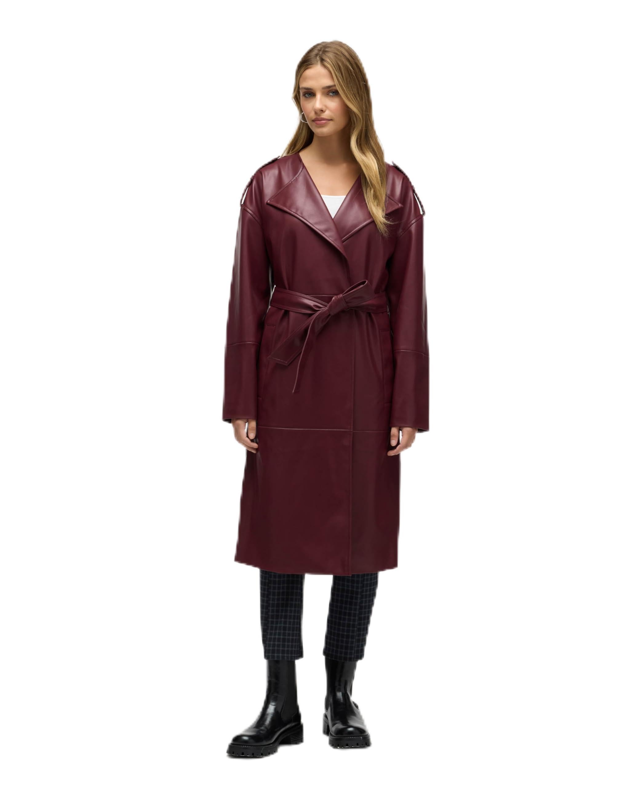 Women's Nvlt Women’s Poet Lapel Belted Faux Leather Trench Coat-picture-24