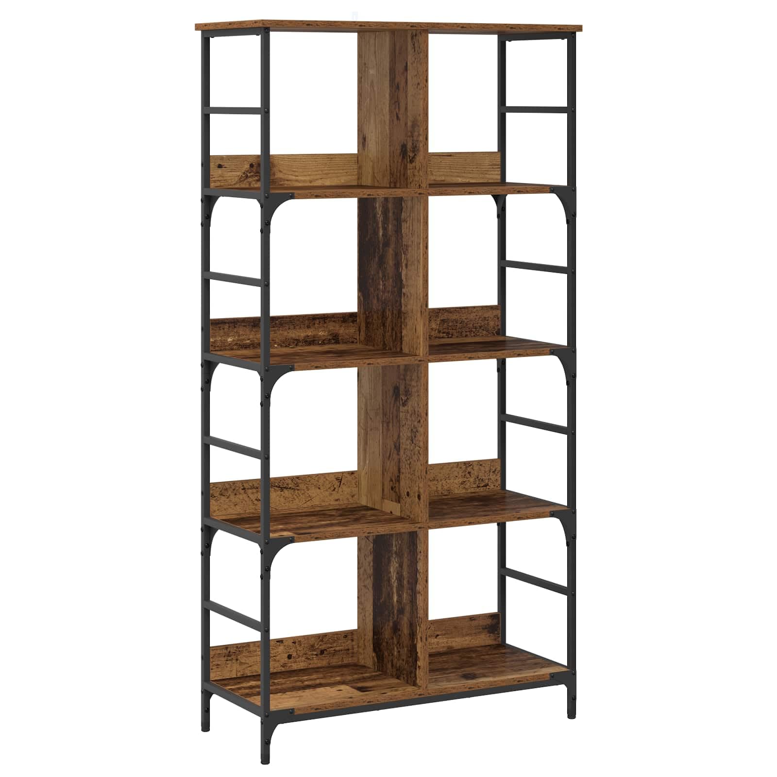 Scaffale in metallo con 4 ripiani effetto legno anticato, libreria stabile con spazio portaoggetti, design moderno, versatile per soggiorno, ufficio, camera da letto, corridoio, robusto e