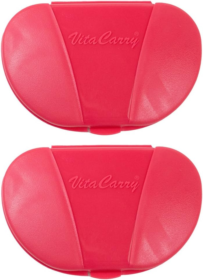 VitaCarry Small 4 Compartment Pocket Pill Box Holds up to 20 Aspirin Size Tablets - 3.0" x 2.0" x 0.6" (Pack of 2 - Red)