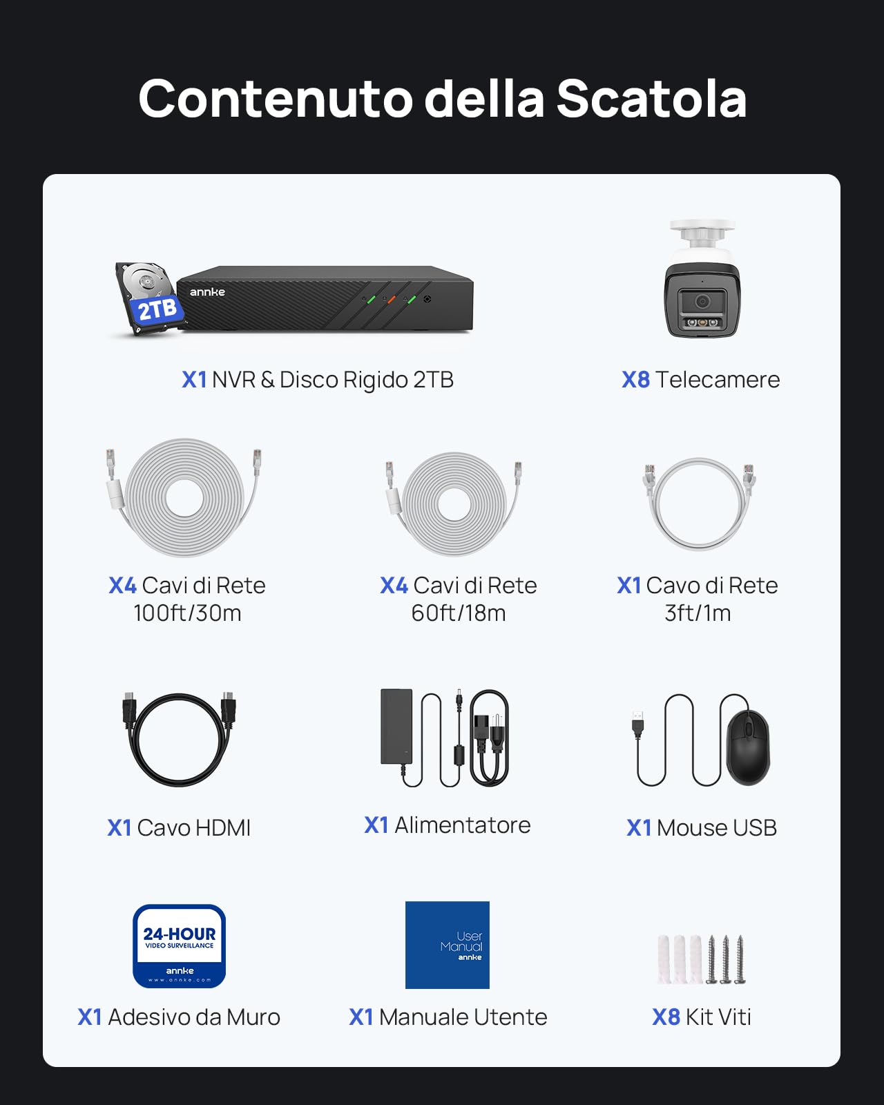 ANNKE PoE 8CH NVR 4K HD Kit di Videosorveglianza 2TB Disco Rigido 5MP 8 IP Telecamera di Sicurezza con EXIR Visione Notturna Fino a 30m, Rilevamento di Uomo/Veicolo, Impermeabile IP67