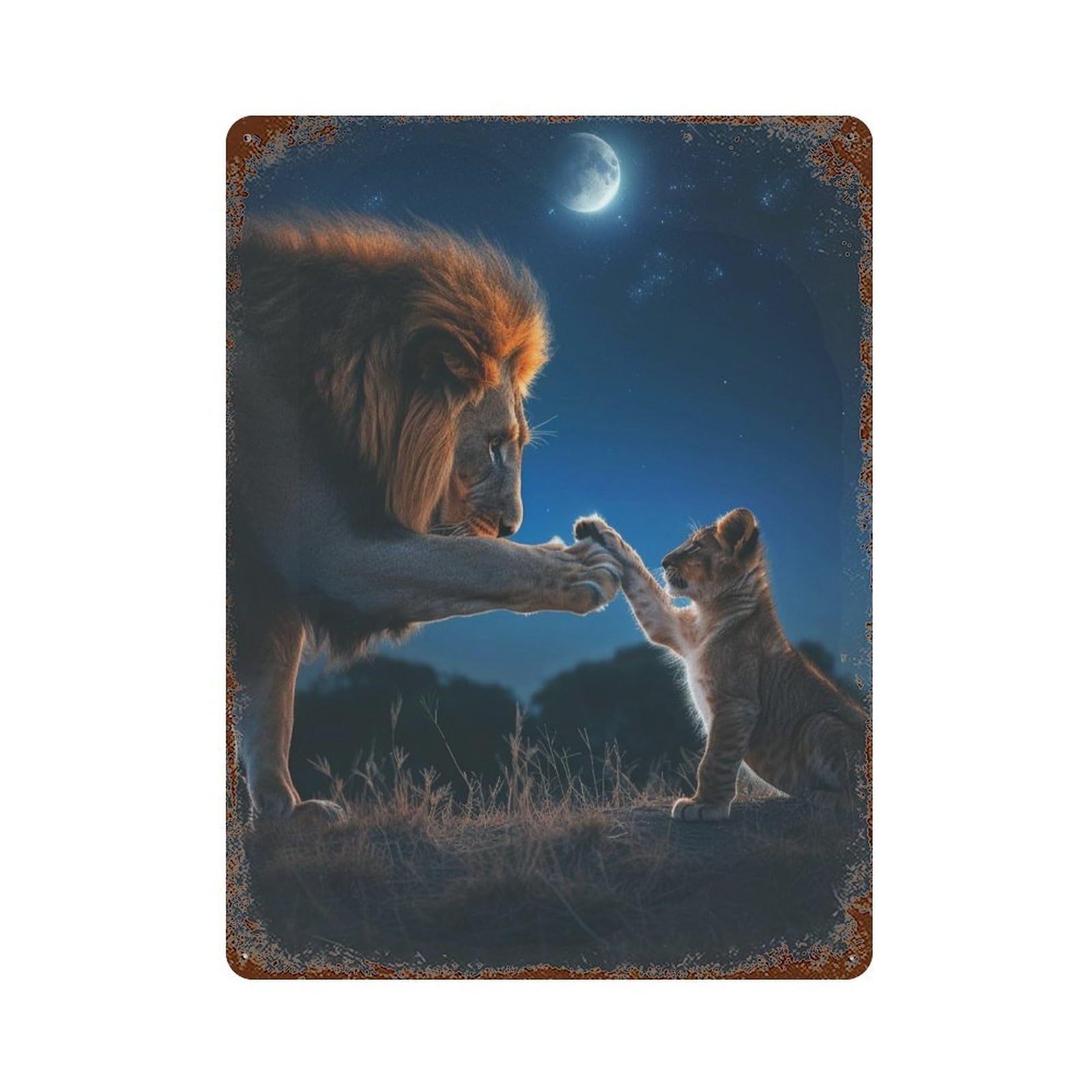Lion Cub Night Sky Weathered Tin Sign 15.7"x11.8", Classic Wall Plaque for Patio, Garden Room And Bar Decor