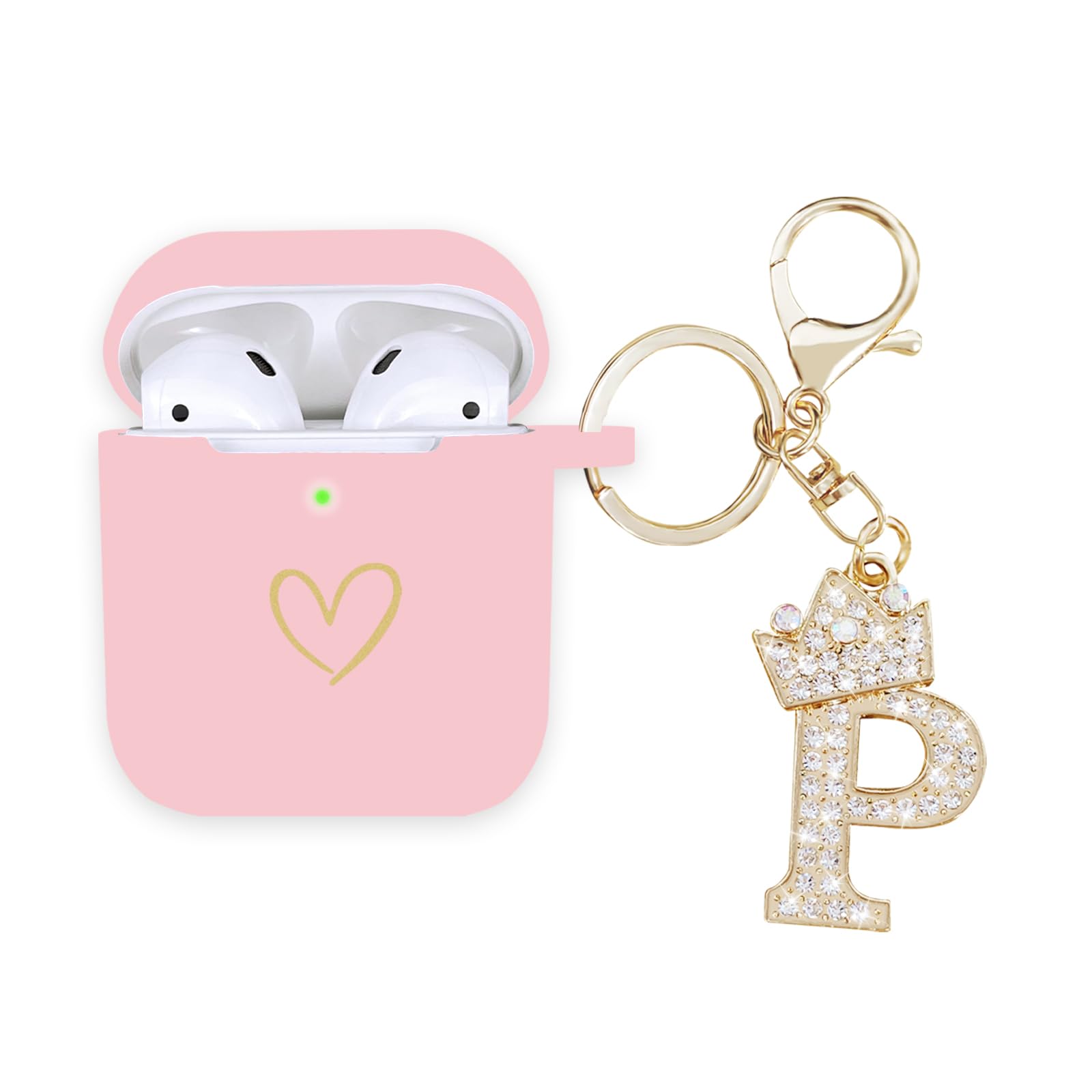 AIIEKZ Compatible with AirPods Case Cover, Soft Silicone Case with Gold Heart Pattern for AirPods 2&1 Generation Case with Rhinestone Studded Letter