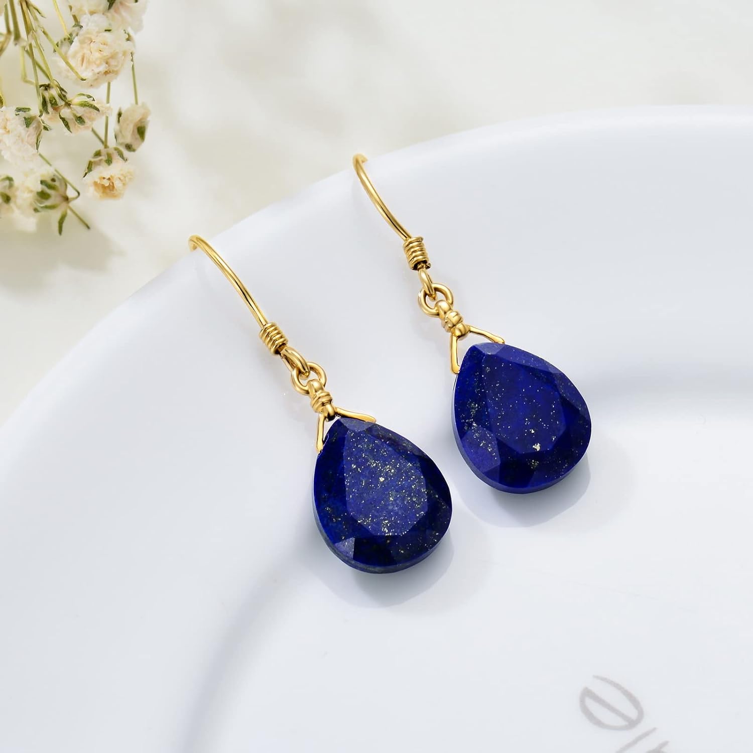 14K Solid Gold Lapis Faceted Teardrops Earrings For Women, Natural Lapis Lazuli Dangle Drops Earrings,Lapis Jewelry Blue Earrings Gifts For Her Christmas Valentines - Image 3