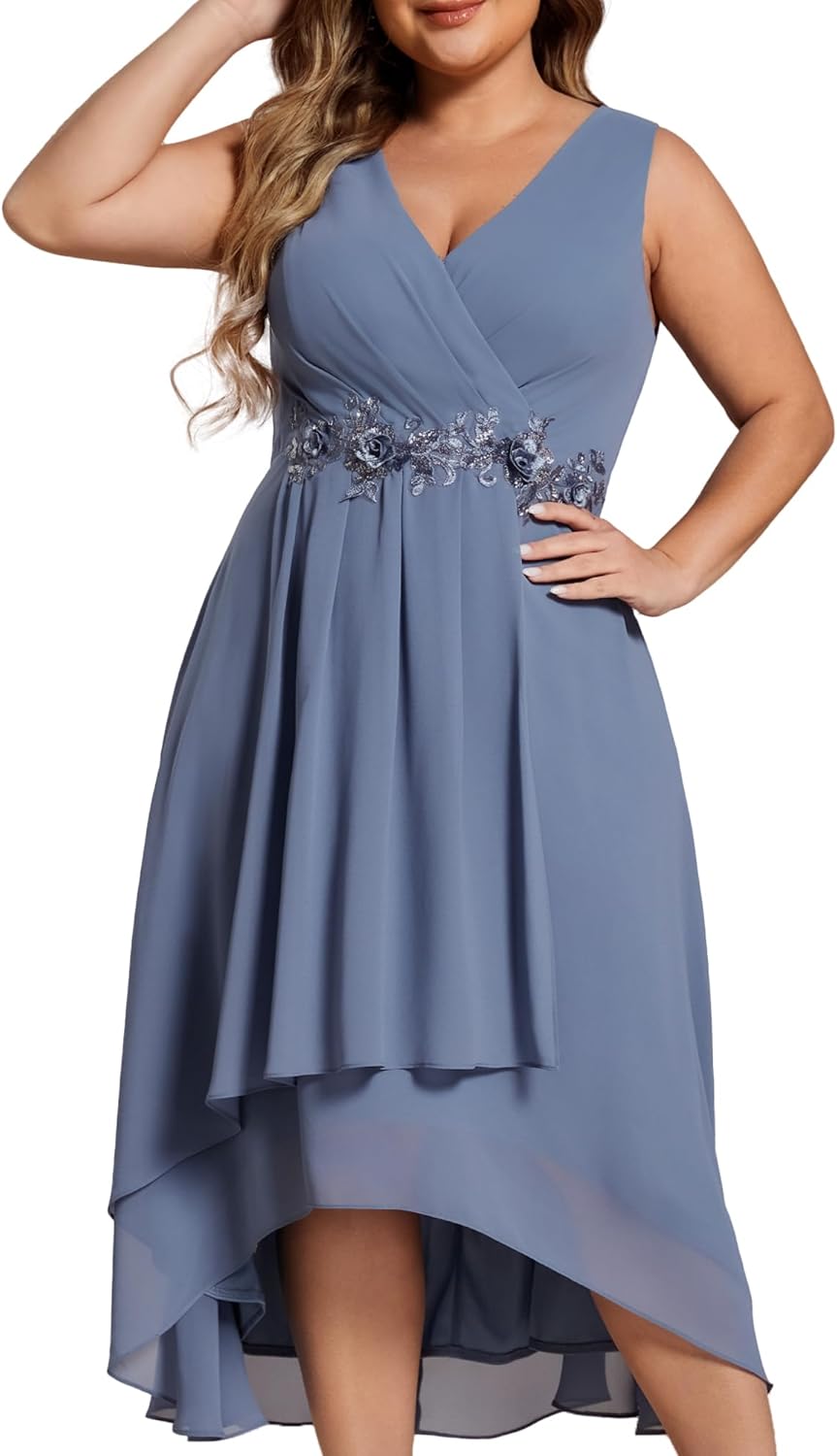 Ever-Pretty Plus Women's V Neck Applique Chiffon Pleated Sleeveless Midi Plus Size Cocktail Party Dresses