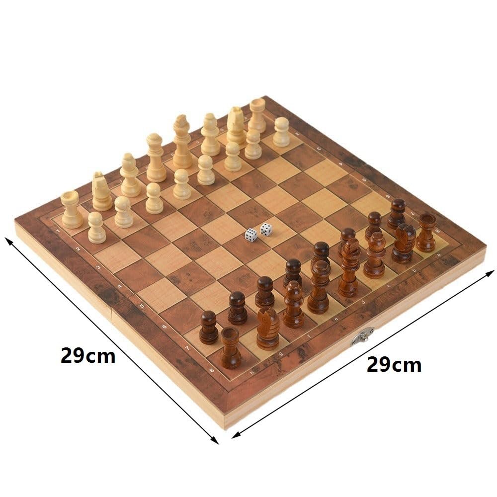 Scacchiera pieghevole in legno 3 in 1, gioco di scacchi, backgammon, dama, giocattolo educativo for l'apprendimento e il divertimento in famiglia. scacchiera portatile(29 * 29 * 2cm)