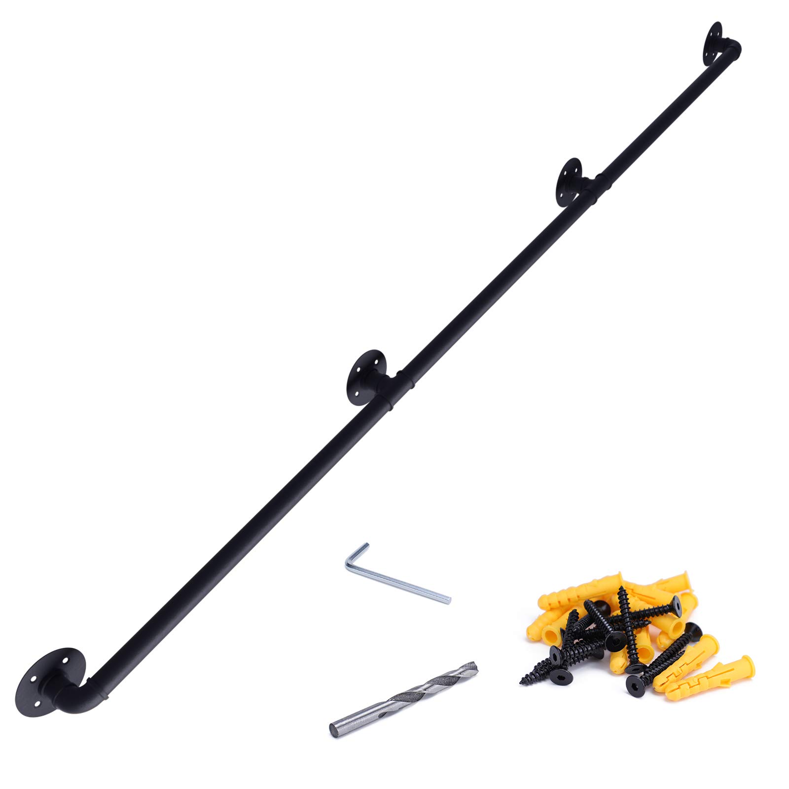 Muzata 11.4ft Staircase Handrail Black Pipe Handrail Bar Foot Rail Kit for Indoor Stairs 440LBS Load Capacity Wall Mount Support Galvanized Steel Industrial Style, HW24 BBG