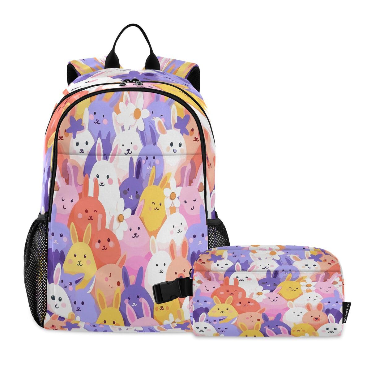 Sac à dos et sac à déjeuner à compartiments motif lapin violet et jaune