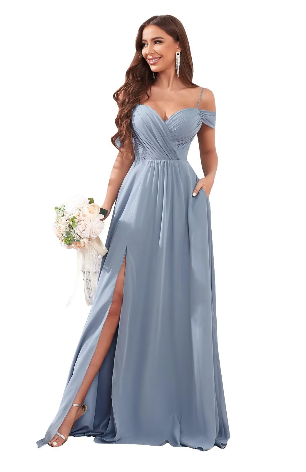 Sukleet Women's Off Shoulder Bridesmaid Dresses Long Slit Chiffon Ruched Evening Formal Dress with Pockets