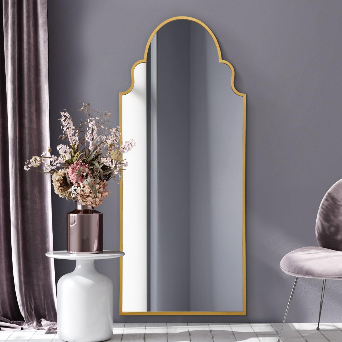 MirrorOutlet Arched Leaner/Wall Mirror - Gold Metal Frame - 79" X 33" (200CM X 85CM)