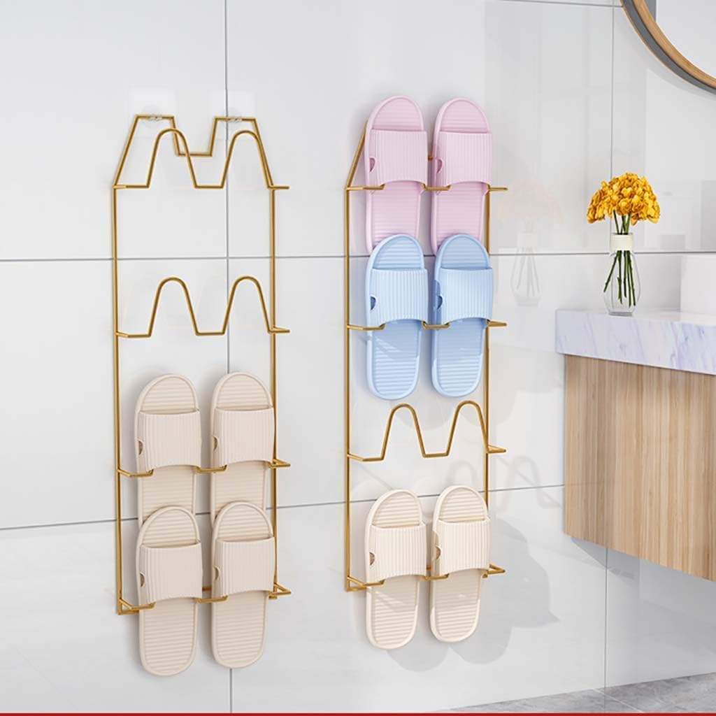 Shoe Rack Wall-Mounted Bathroom Slippers Rack 4 Tier Wall Hanging Toilet Storage Shelf Toilet Rack Free Punching Door Shoe rack23x62cm(Color:Golden)