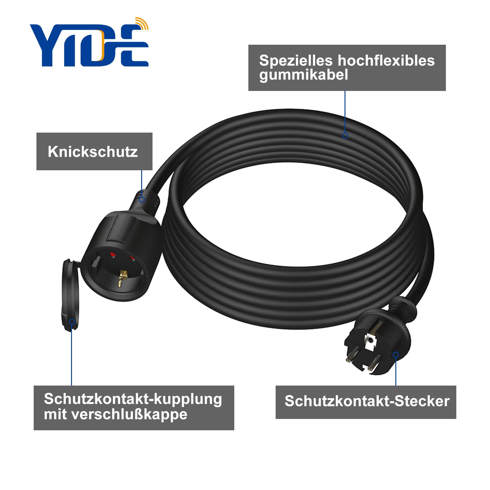 Prolunga da 20 m, in gomma per esterni, con spina Schuko, per esterni, IP44, cavo di prolunga H05RR-F 3G, 1,5 mm², 3500 W, cavo elettrico esterno con cappuccio protettivo, nero
