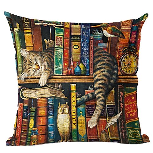 Bookshelf sleeping cat lkw1012 Decorative Cotton Linen Blend Throw Pillow Cover Square Pillow Case Cushion Cover 18 x 18 Inches Griffith.MJ