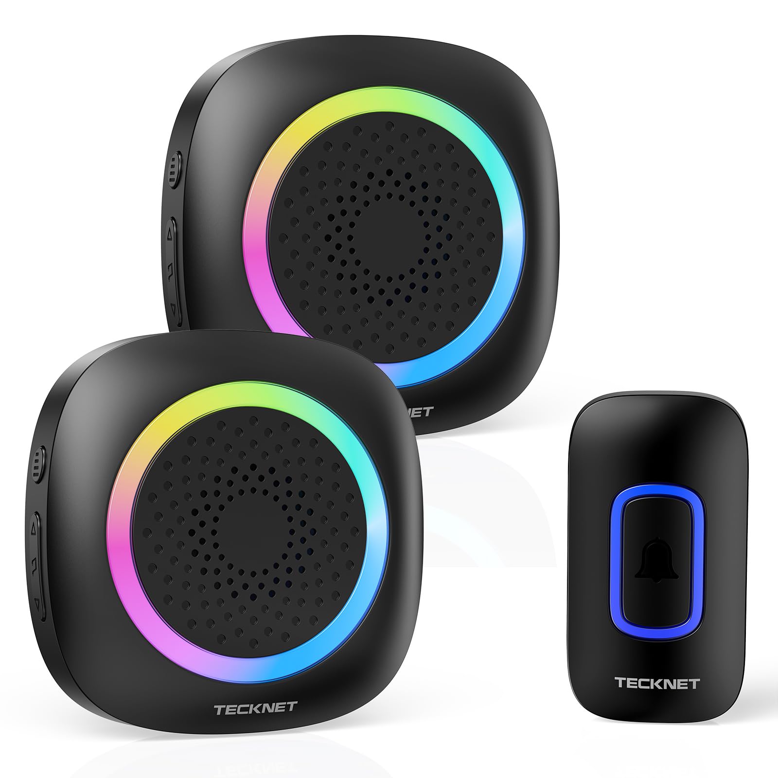 TECKNET Timbre Inalambrico Exterior, RGB Timbre Inalámbrico Exterior Impermeable IP66 con 2 Receptores, 400M Alcance, 5 Niveles de Volumen y 60 Melodías, Doorbell al Estilo de la Batería, Portátil