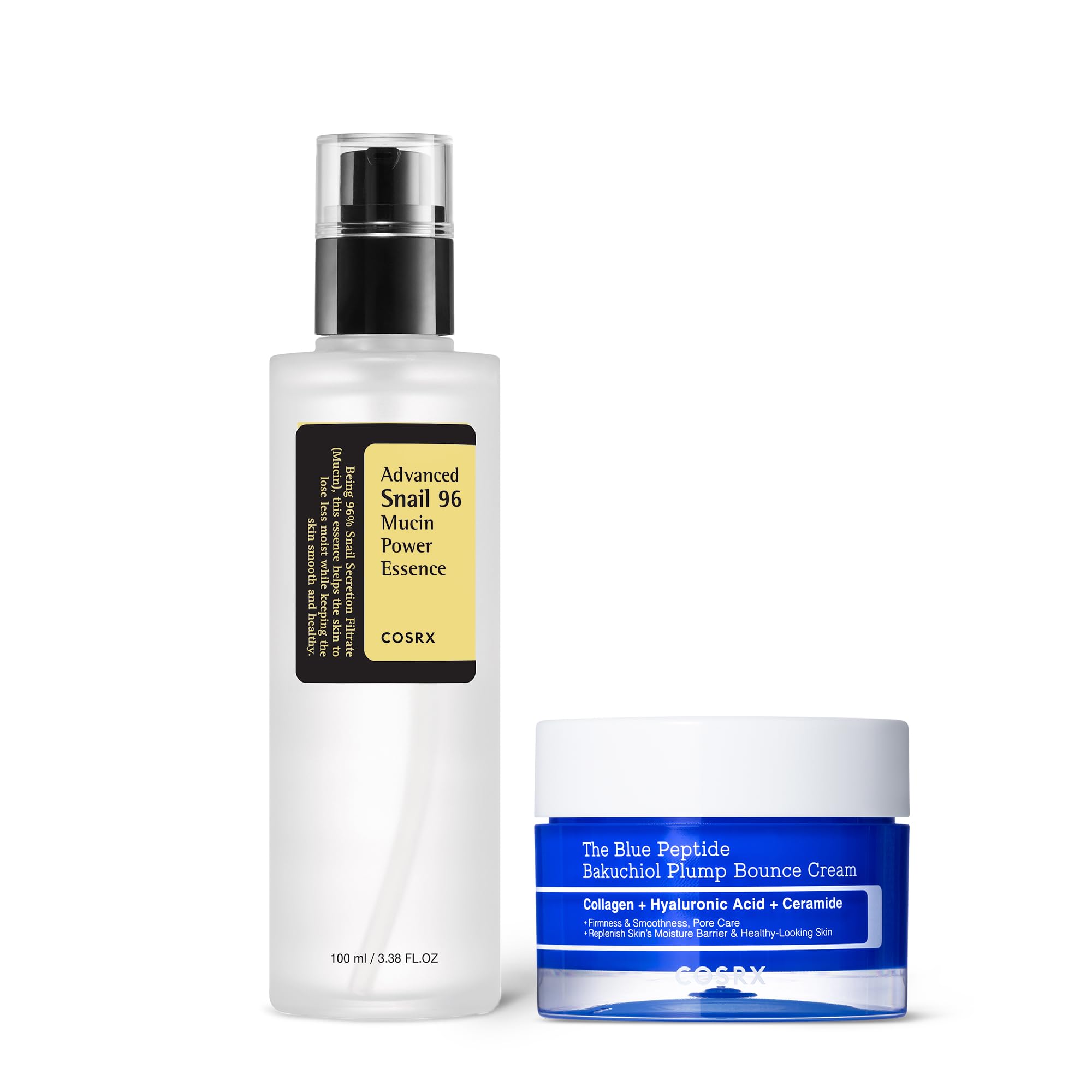 COSRX Snail Mucin X Blue Copper Peptide Daily Bounce & Glow Routine - Snail Mucin 96% Serum 3.38 fl.oz + Blue Copper Peptide Cream 1.76 oz.