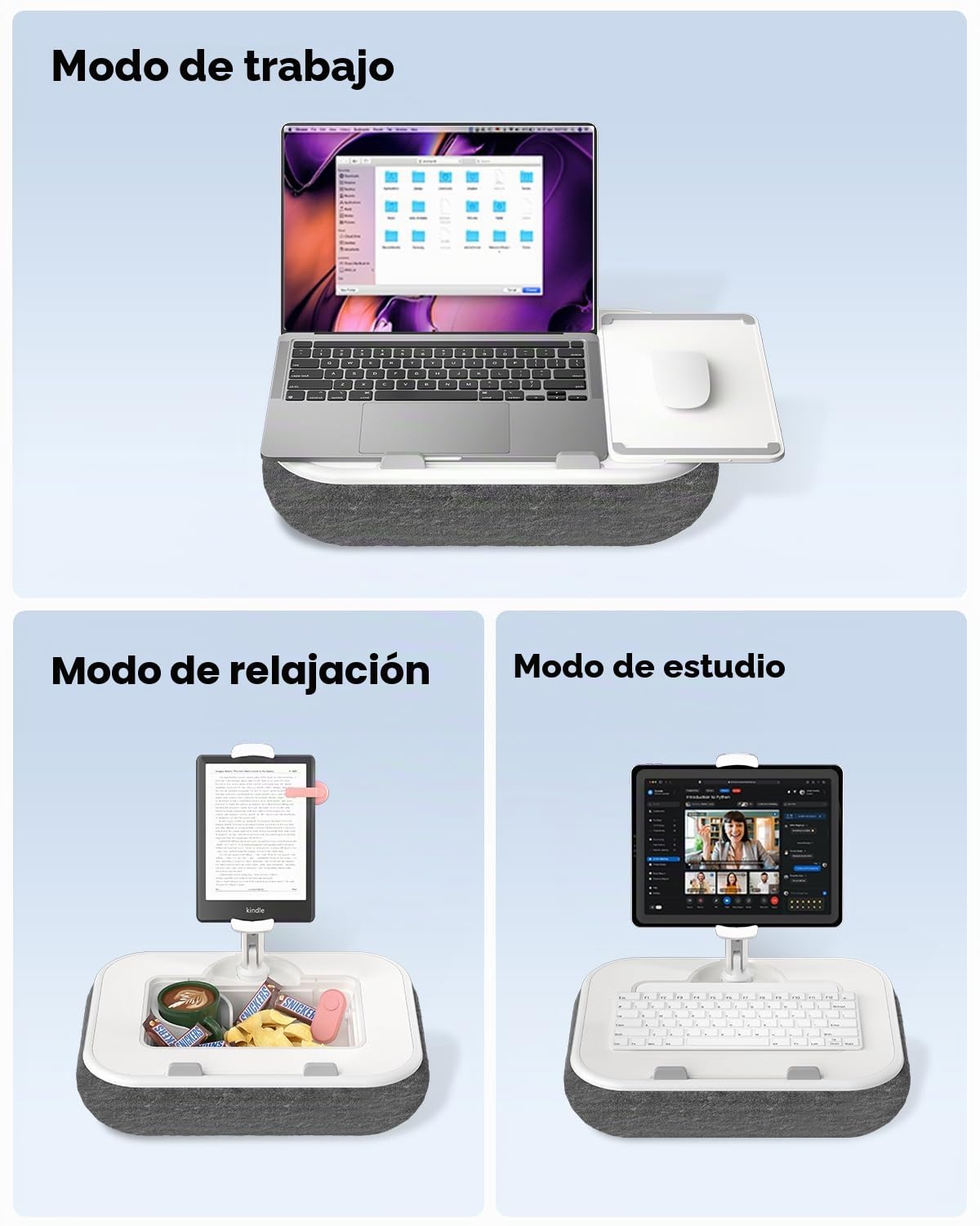 Viozon Soporte de almohada para tablet, soporte Kindle y escritorio de regazo, compatible con tabletas/teléfonos de 4.7 a 13 pulgadas y portátiles de 10 a 15 pulgadas, con soporte de silicona para