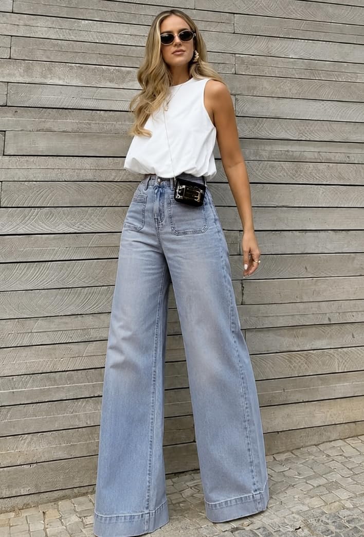 Women's High Waisted Wide Leg Jeans with Retro Patch Pockets Stretchy 70s Vintage Loose Denim Pants for Summer Vacation