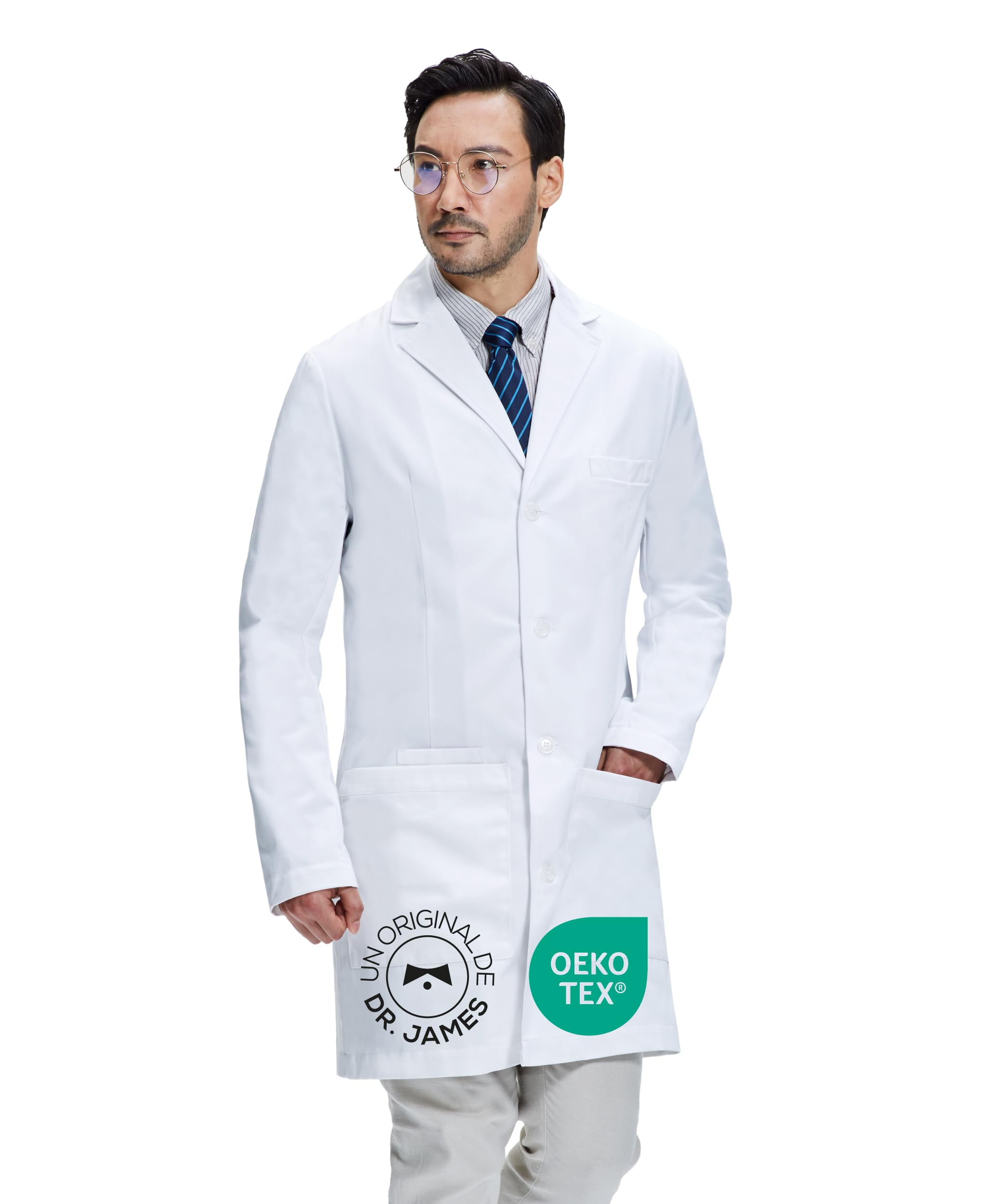 Dr. James Bata de laboratorio Premium Hombres, con bolsillos para smartphone y tableta, ajuste entallado, cierre de botones